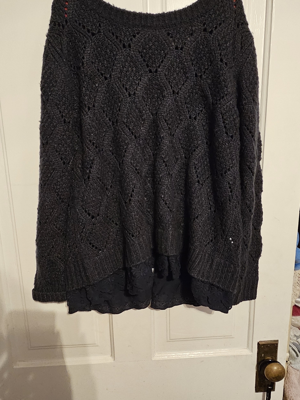 Navy Blue Knit Women's Sweater with Lace Hem